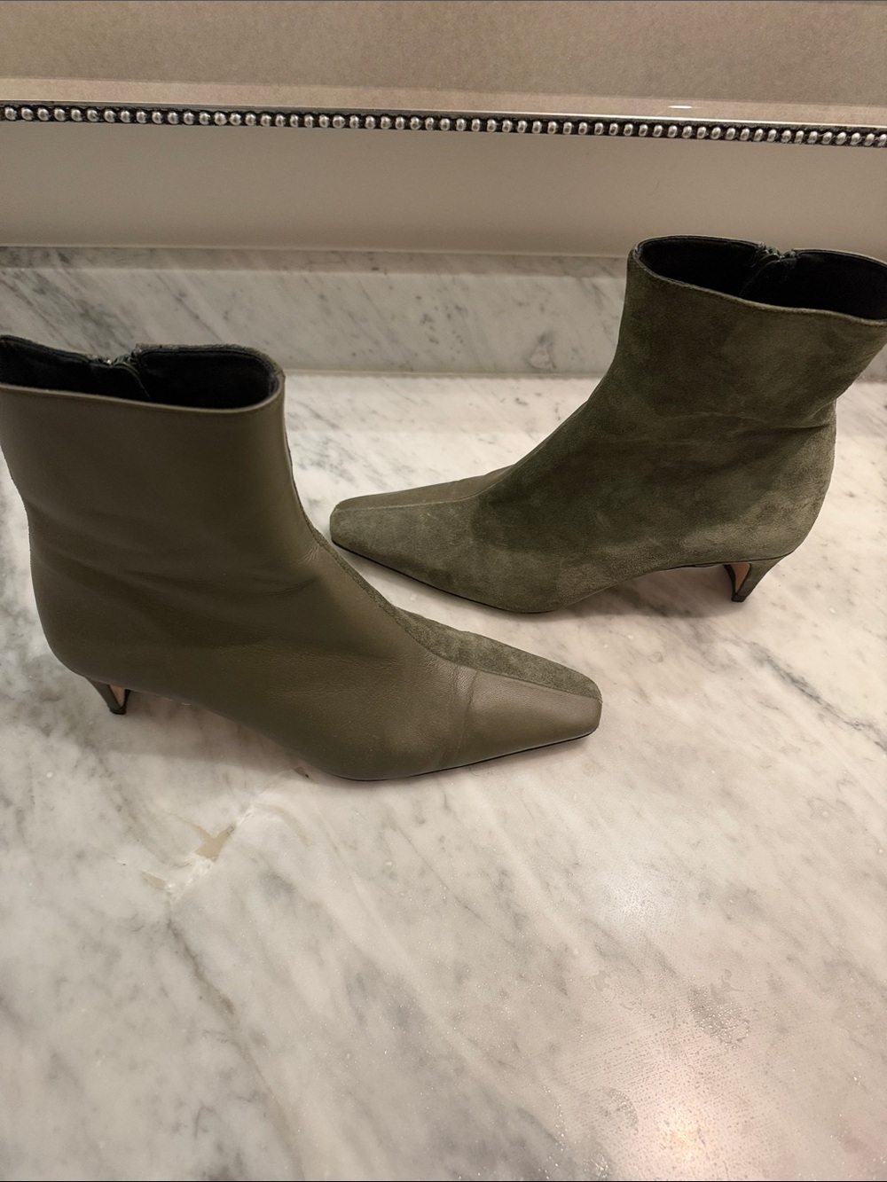 Staud, Olive Green Women’s Ankle Booties with Kitten Heel